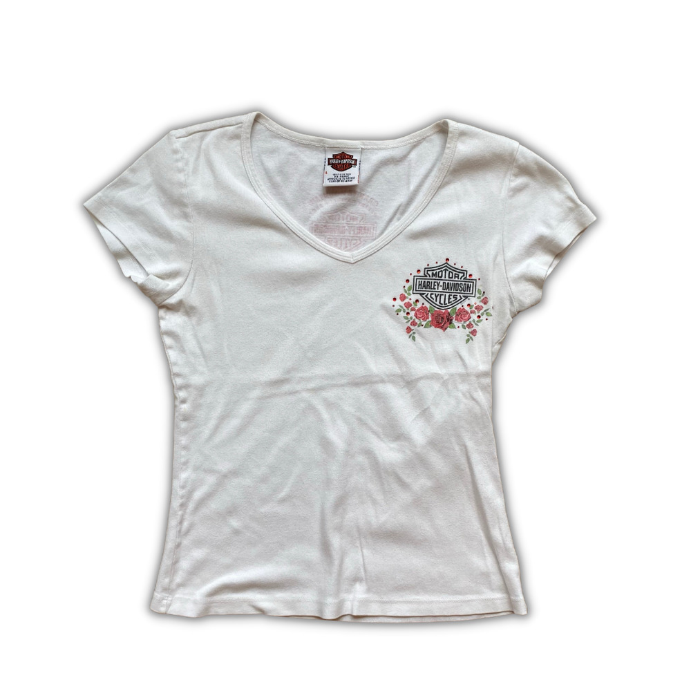VTG Harley Davidson Women's Red Floral White T-Shirt Rhinestones Sz L Y2K, READ